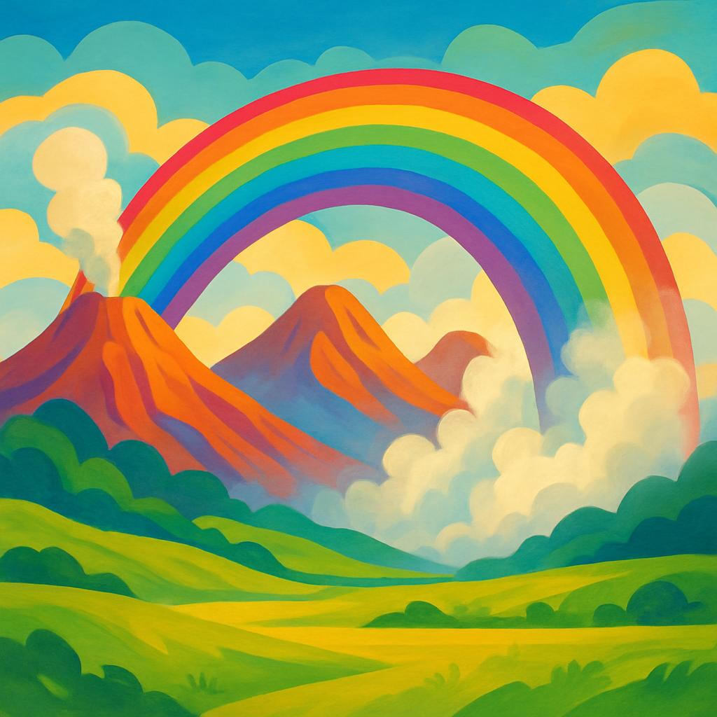 A fantastical, hand-painted landscape featuring a vibrant rainbow, majestic mountains, and lush green fields.