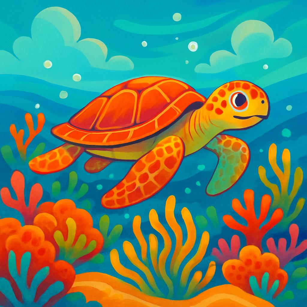 "An underwater illustration of a colorful turtle swimming above coral among blue ocean waters."