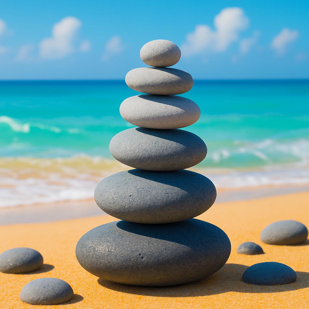 A stack of smooth, gray rocks on a sandy beach in the shade, with shallow aqua-green colored water, a horizon of bright bl...