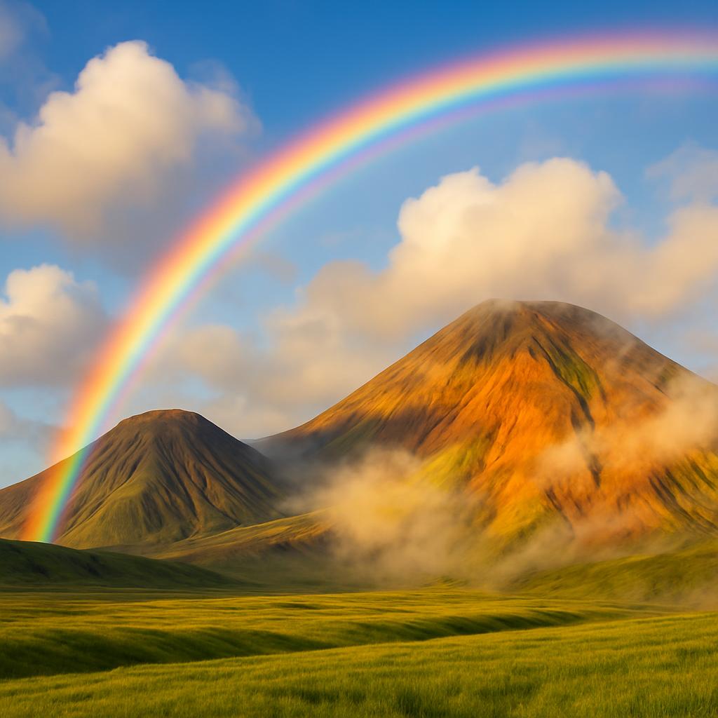 Lovely double rainbow in a blue sky with fluffy white clouds and a mountain landscape set in a lush grass field.