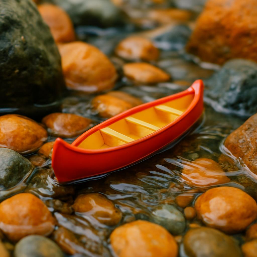 A small red toy canoe with a yellow interior is floating in a stream, viewed from the bow.