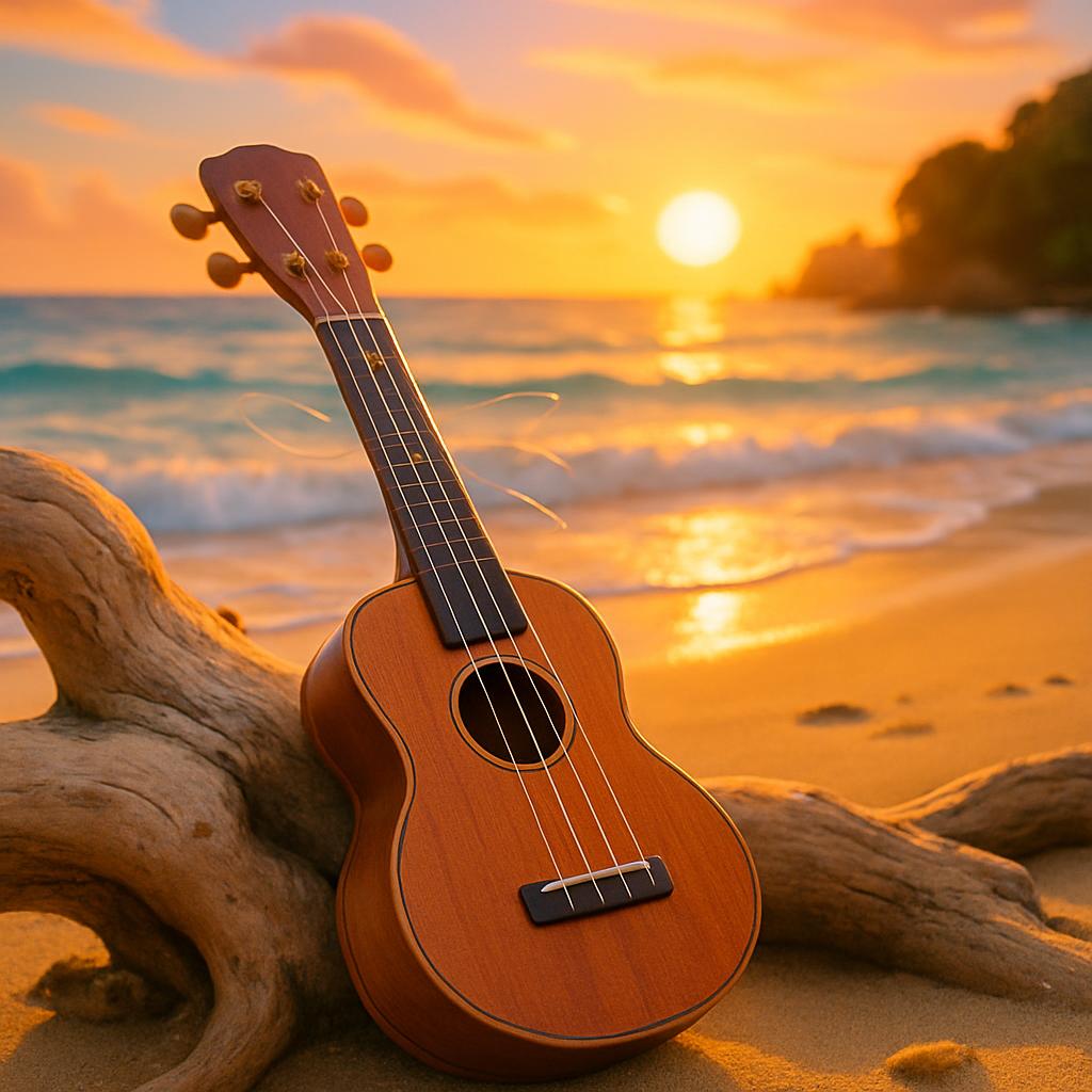 A ukulele rests on a driftwood, procured near a beach, as a breathtaking sunset unfolds above the ocean's gently lapping w...